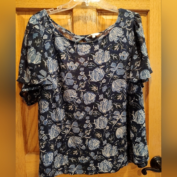 Lucky Brand Tops - Lucky Brand Blue and White Flutter Sleeve Blouse With Back Cutout